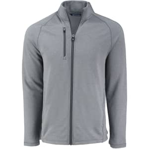 A grey full zip fleece jacket with a high collar and a logo on the upper chest.