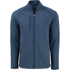 A navy blue full zip jacket featuring a stand-up collar and a pocket on the chest, with a logo on the jacket.
