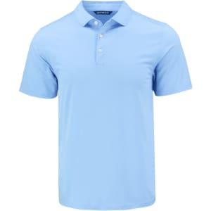 A light blue polo shirt with a collar and three buttons, featuring a subtle logo. Perfect for casual wear.