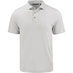 A light grey men's polo shirt with a three-button placket and a logo on the chest.
