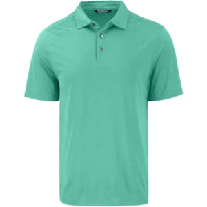 A teal polo shirt with a three-button placket and a logo on the collar. Suitable for casual wear.