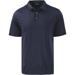A navy blue Men's Coastline Epic Comfort Polo shirt with a three-button placket and a logo on the chest.