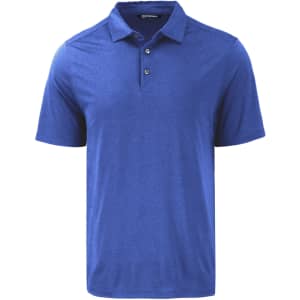 A blue men's polo shirt with a collar and three buttons, featuring a logo on the chest.