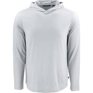 A light grey long-sleeve hooded shirt with a logo on it. The fabric appears lightweight and comfortable.