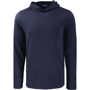 A navy blue hooded shirt with long sleeves and a logo on the chest.