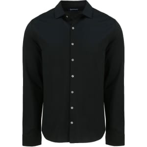 Men's long-sleeve black button-up shirt with a collar and a branded logo on the chest.