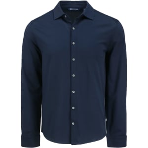 A navy blue men's long-sleeve woven button-up shirt with a branding logo.