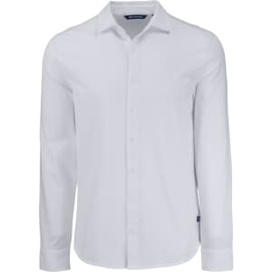 A white long-sleeve button-up shirt with a collar and a small logo on the side.