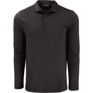 A black long sleeve polo shirt with a collar and button placket, featuring a logo.