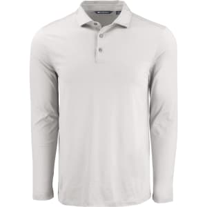 A light grey men’s long sleeve polo shirt with a three-button placket and a subtle logo.
