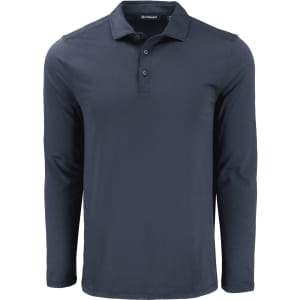 A long sleeve polo shirt in navy blue, featuring a collar and button placket, with a logo on the chest.