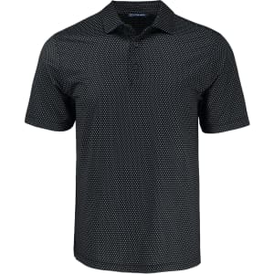 A black eco-friendly polo shirt with a shadow check pattern and a collar, featuring a logo.