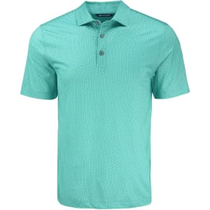 A men's polo shirt in a vibrant teal colour with a subtle check pattern and a branded logo.