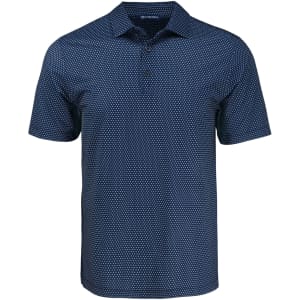 A navy blue polo shirt featuring a shadow check pattern and a collar, with a logo on the chest.