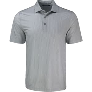 A grey patterned polo shirt with a collar, featuring a three-button placket and a branding logo.