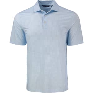 A light blue men's polo shirt featuring a diamond dot pattern and a logo on the chest. Short sleeves and a collar.