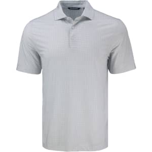 A light grey polo shirt with a diamond dot pattern, featuring a collar and three buttons. It has a logo on the chest.