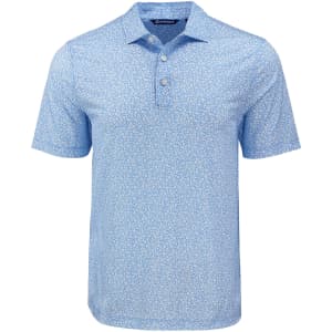 A light blue polo shirt featuring a floral print and a collar, with three buttons and a logo on the tag.