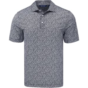 A floral print polo shirt in navy and white, featuring a collar and button placket, with a logo on the chest.