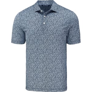 Men’s polo shirt in navy blue with a floral print pattern. Features a collar and three-button placket, with a logo.