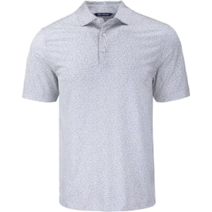 A light grey polo shirt with a floral print and a collar, featuring a front placket and a small logo.