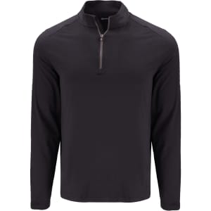 A dark grey quarter-zip long sleeve top with a collar and a small zipper, featuring a logo on the chest.