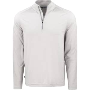 A light grey men's quarter zip pullover with long sleeves and a zippered collar, featuring a logo.