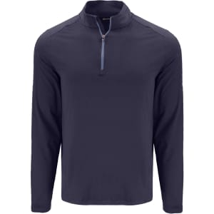 A navy blue quarter zip pullover with long sleeves, featuring a zippered neck and a logo.
