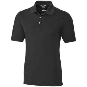 A black polo shirt featuring a classic collar, short sleeves, and a buttoned placket. It has a logo present.