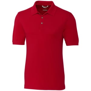 A red polo shirt with a three-button placket and short sleeves, featuring a logo on the chest.