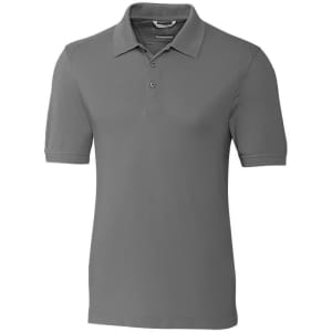 A grey polo shirt featuring a classic collar and short sleeves, with a logo on the chest.