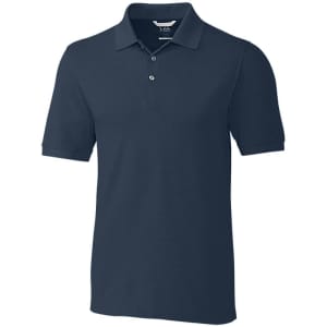 A navy blue polo shirt with a collared neckline, short sleeves, and a logo on the chest.