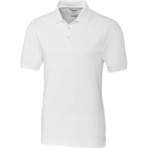 A white polo shirt featuring a collar, short sleeves, and a logo on the chest.