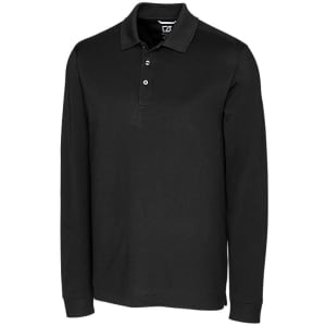 A black long sleeve polo shirt featuring a collar and buttons, with a small logo on the chest.