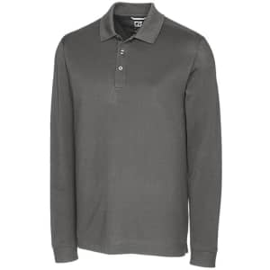 A long sleeve polo shirt in a grey colour, featuring a collar and buttons. It has a logo on the chest.