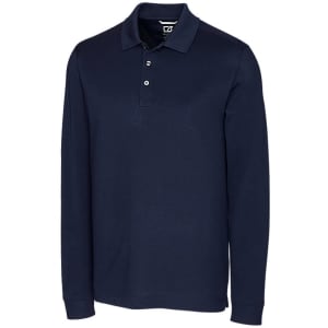 A navy long sleeve polo shirt with a three-button placket and a logo on the chest.