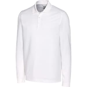 A long sleeve polo shirt in white, featuring a collar and buttons, with a logo on the chest.