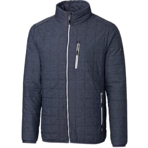 A men's quilted rain jacket in dark grey, featuring a high collar and zippered pockets, with a logo on the sleeve.