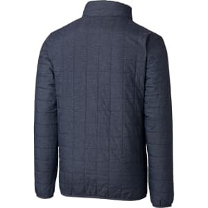 A dark blue men's rain jacket with a quilted texture and a high collar, featuring branding on the back.