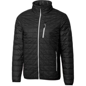 A black men's jacket with a quilted design, featuring a high collar, front zip, and zippered pockets.