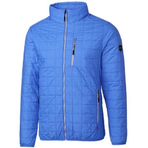 A blue men's rain jacket with a quilted pattern, featuring a zippered front and pockets, and a logo on the sleeve.