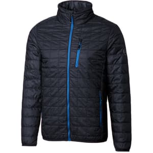A men's rain jacket in black with blue accents and a zippered front, featuring a high collar and a logo.