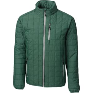 A green quilted rain jacket with a zip front and stand-up collar, featuring a logo on the chest.