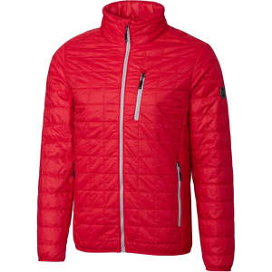 A red weather jacket featuring a high collar and zippered pockets, with branding on the sleeve.