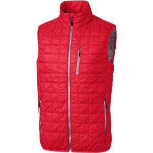 A red men's vest featuring a quilted design, with zippered pockets and a high collar. It has a branding logo.