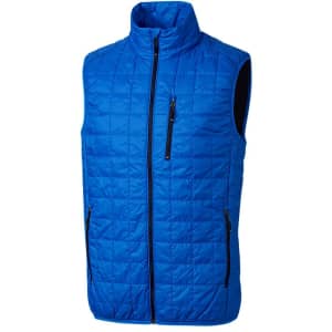 A blue men's vest with a quilted design and zippered pockets. It features a high collar and has a logo.
