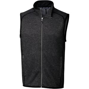 A men's sleeveless vest in a dark grey colour with a zippered front and stylish design, featuring a logo.