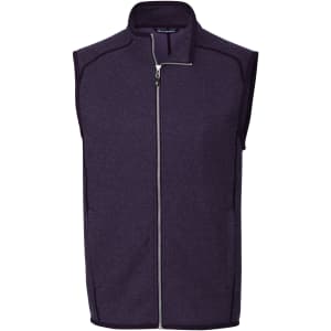 A men's sleeveless vest in a dark purple fabric featuring a front zip and a contrasting inner lining.