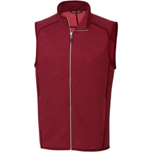 A red sleeveless vest with a high collar and zip front, featuring contrasting inner lining and a logo.