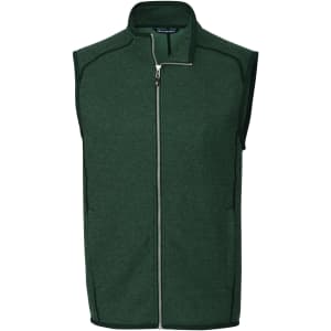 A green sleeveless vest with a zippered front and contrasting trim, featuring a logo.